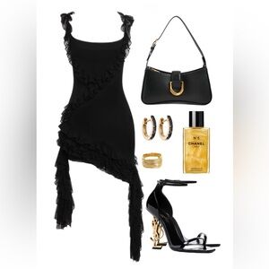 NWT LEAU Elegant Asymmetrical Black Ruffle Dress